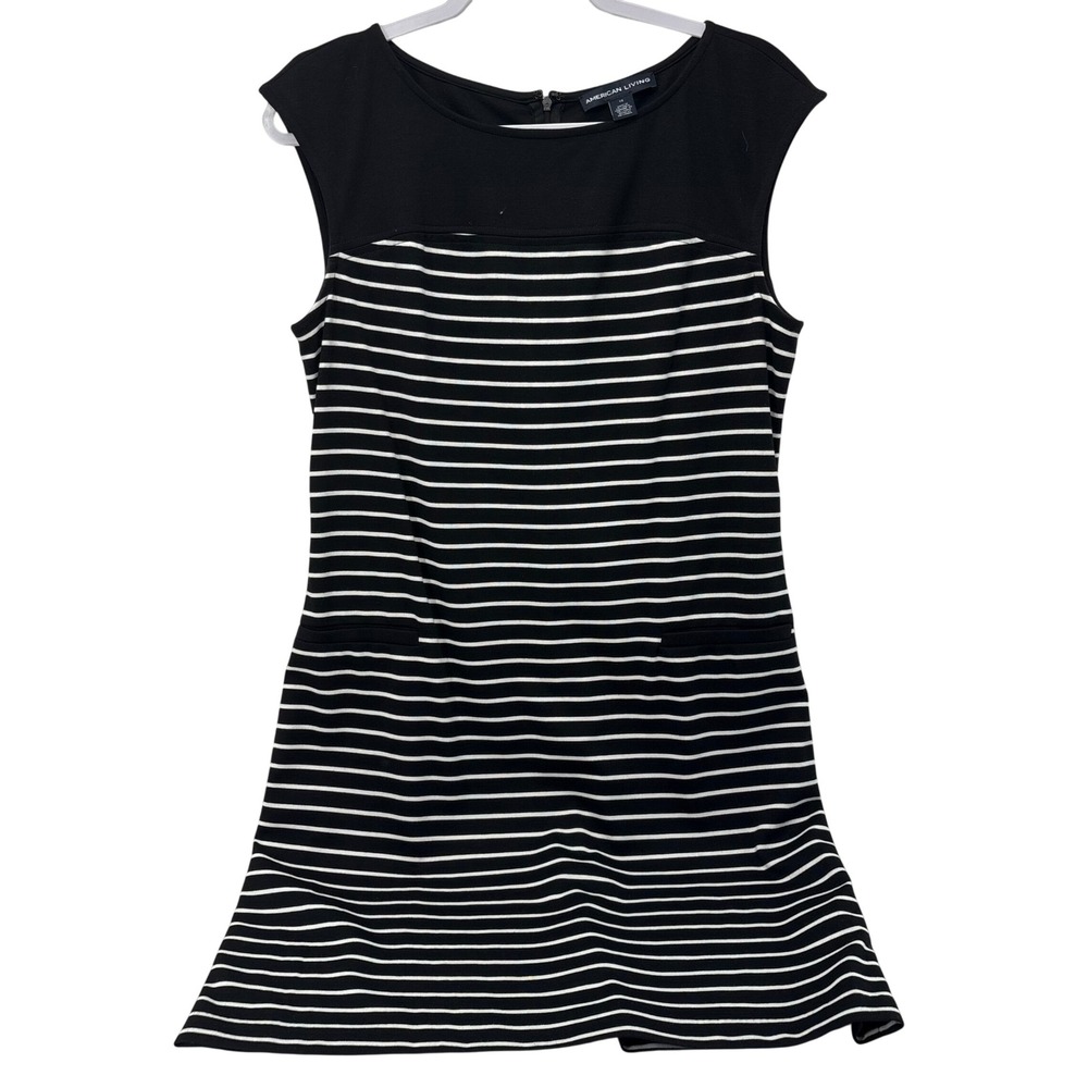 American Living Black White Striped Sleeveless Sheath Dress Pockets Size 12